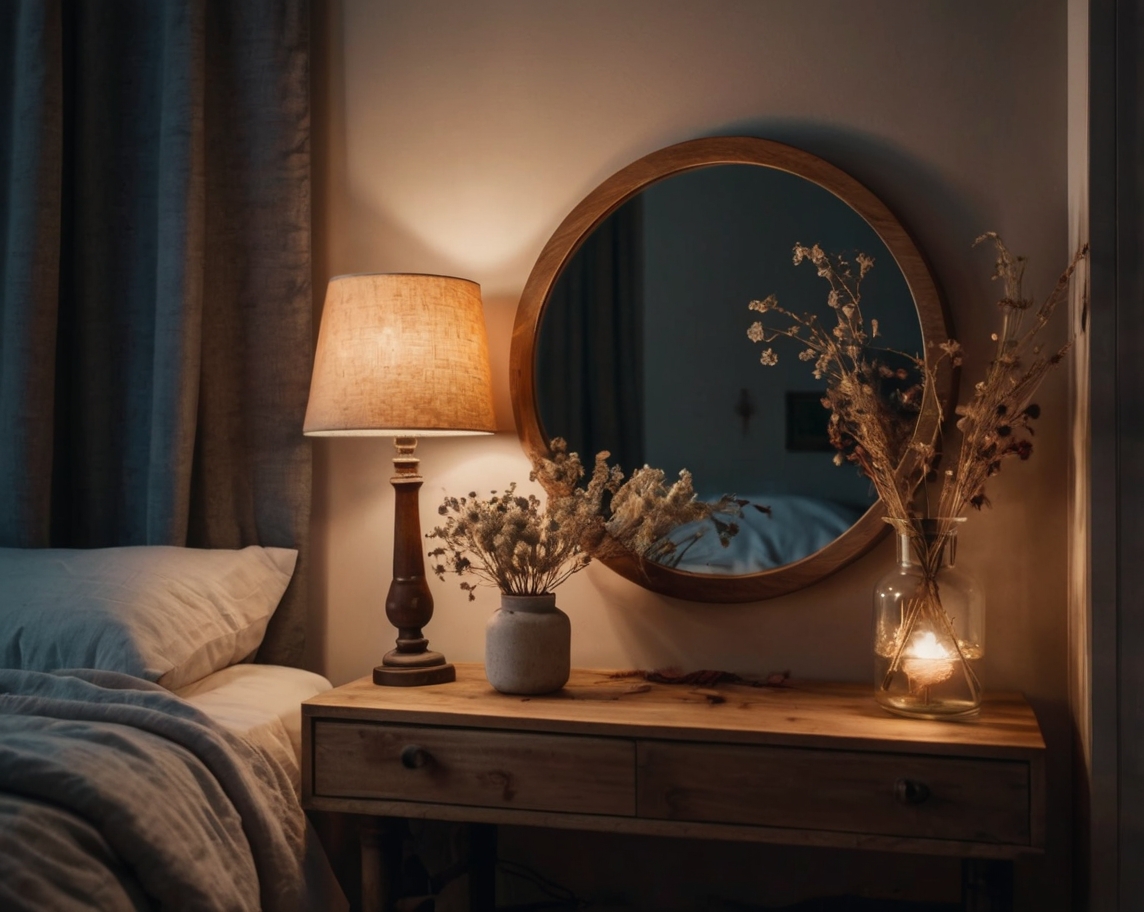 Decor phòng ngủ với đèn ngủ, gương và lọ hoa
